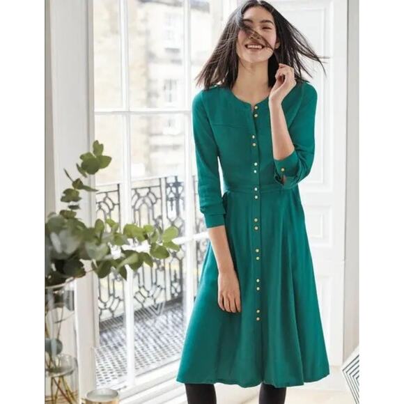 Boden Jade Green Blue Crepe Button Down Front Ashbourne Shirt Dress Long Sleeve - Picture 1 of 9